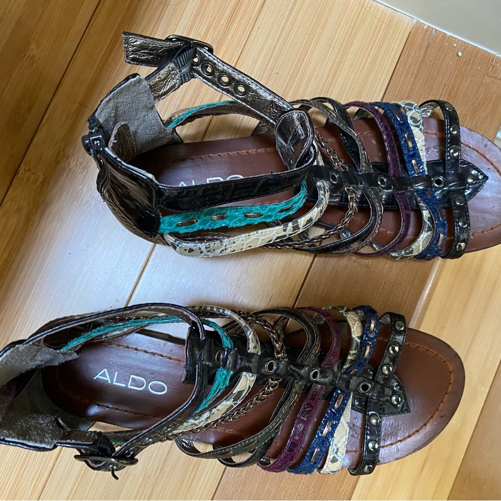 Aldo Black Multi-Striped Gladiator Sandals with Turquoise Accents - Picture 2 of 5